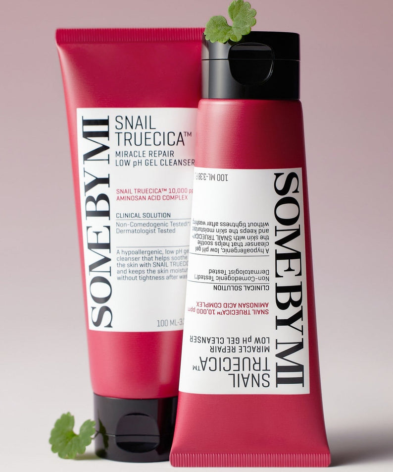 SOME BY MI Snail Truecica Miracle Repair Low PH Gel Cleanser 100ml in red packaging with plant accents