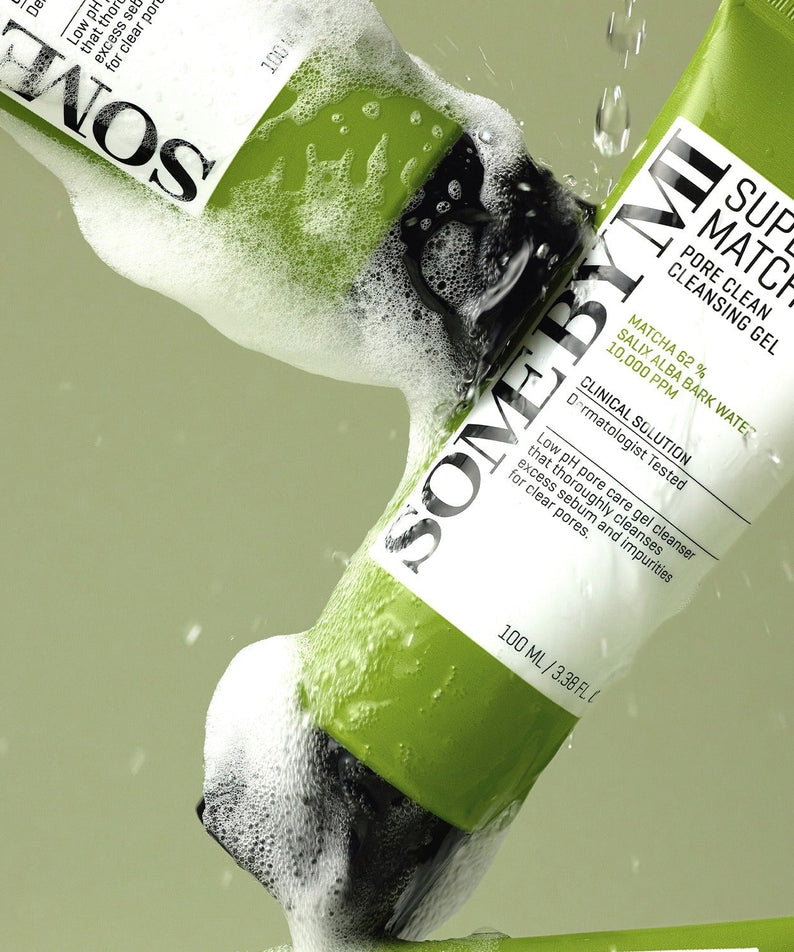 SOME BY MI Super Matcha Pore Clean Cleansing Gel 100ml bottle with foam, highlighting green packaging and skincare benefits.