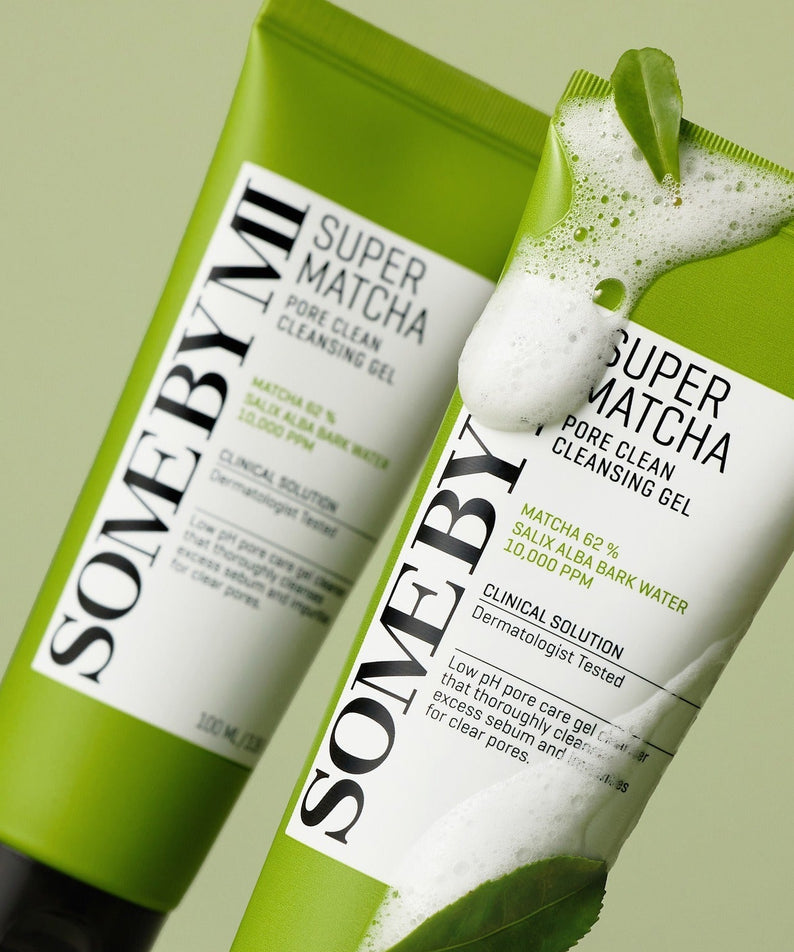 SOME BY MI Super Matcha Pore Clean Cleansing Gel 100ml tubes with foaming action, highlighting cleansing and pore care benefits.