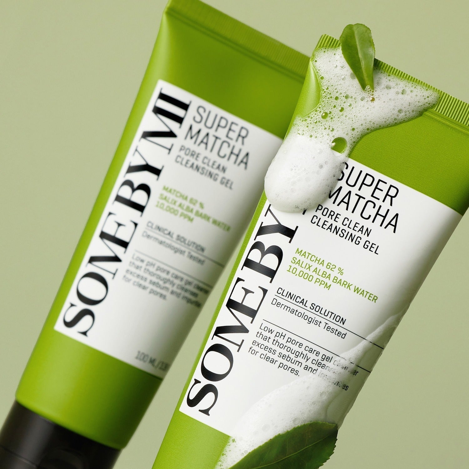 SOME BY MI Super Matcha Pore Clean Cleansing Gel 100ml tubes with foaming action, highlighting cleansing and pore care benefits.