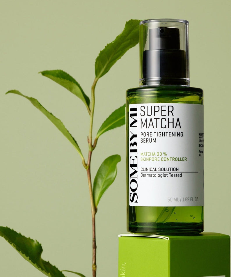 SOME BY MI Super Matcha Pore Tightening Serum 50ml bottle against a green background for skincare.