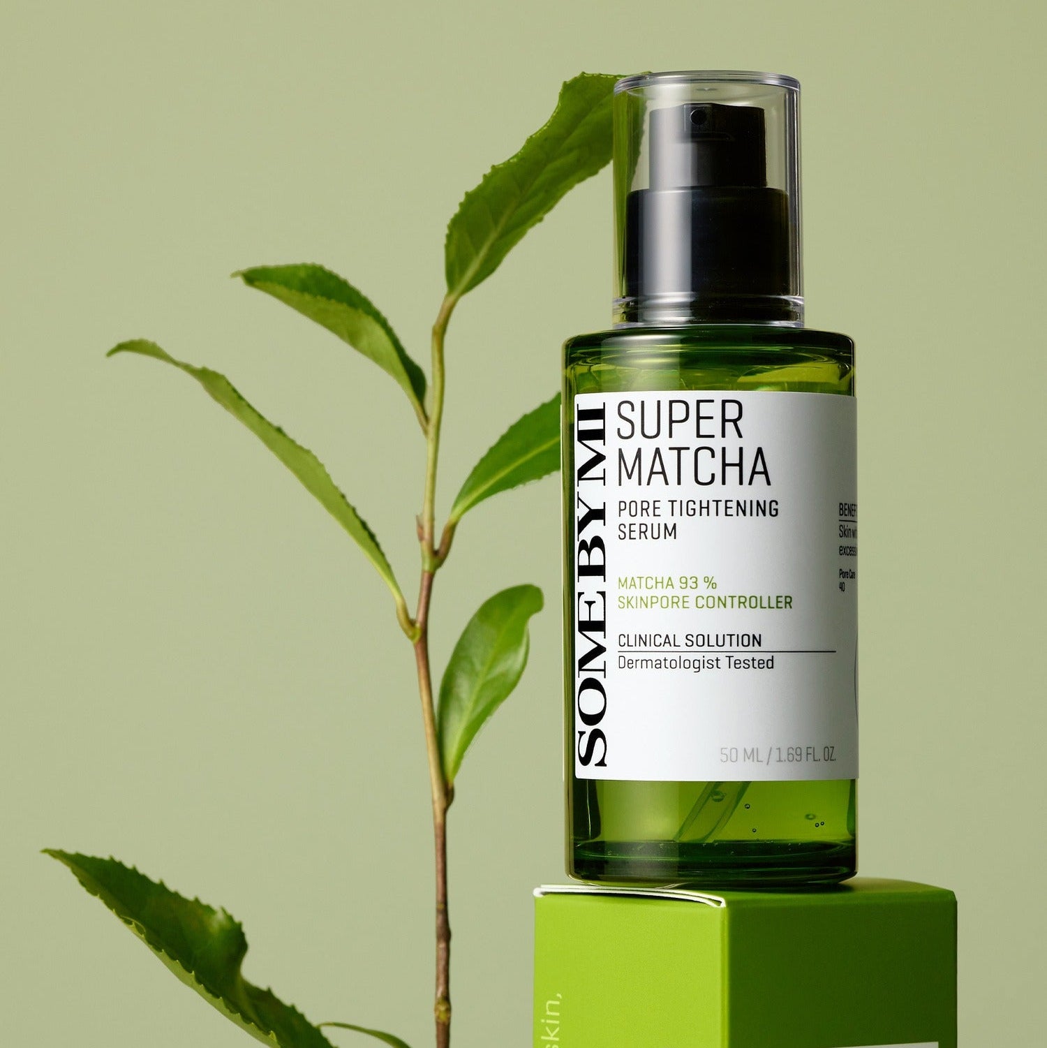 SOME BY MI Super Matcha Pore Tightening Serum 50ml bottle against a green background for skincare.
