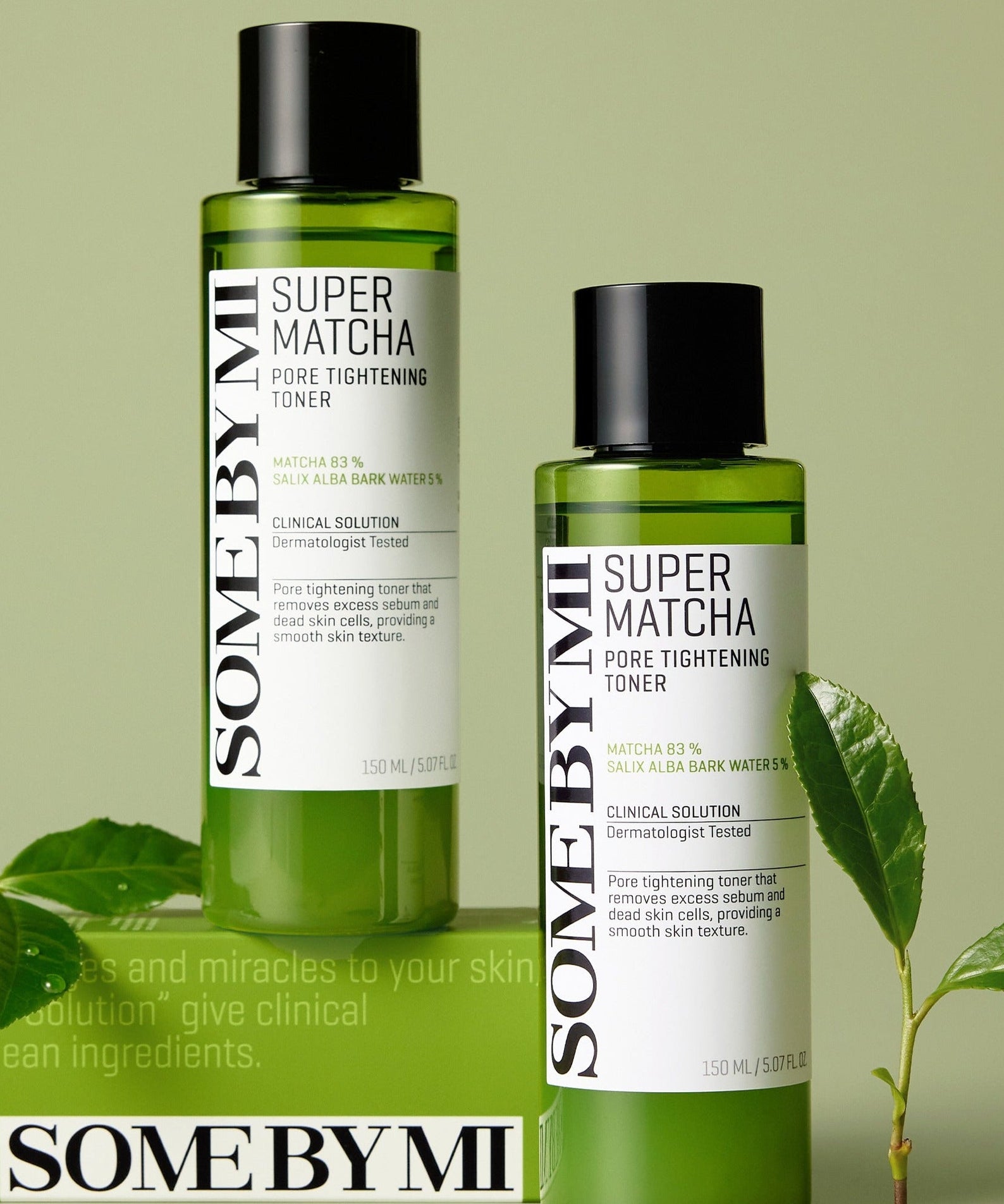 SOME BY MI Super Matcha Pore Tightening Toner 150ml bottles with green leaf backdrop