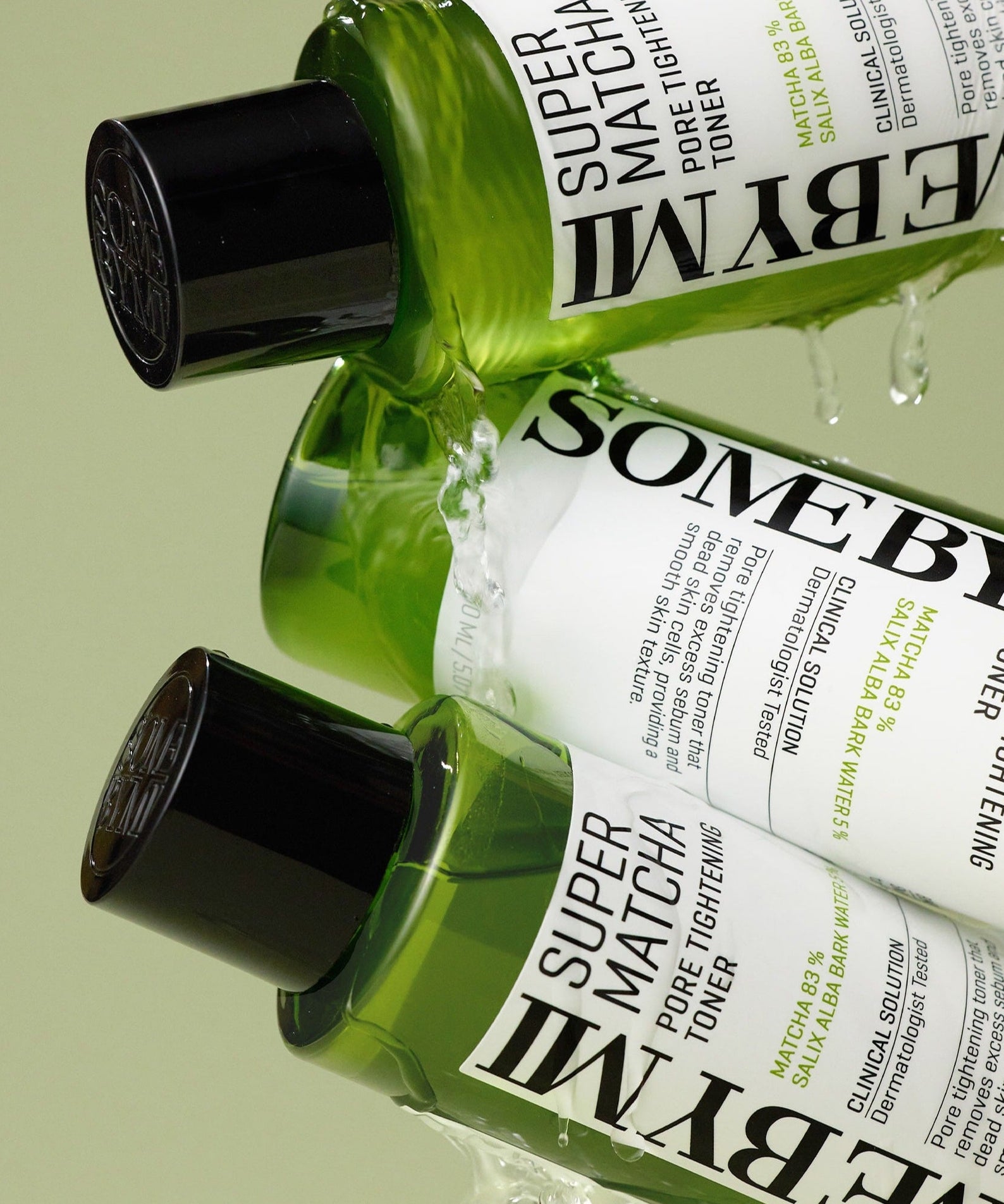 SOME BY MI Super Matcha Pore Tightening Toner 150ml bottles cascading with refreshing matcha extract