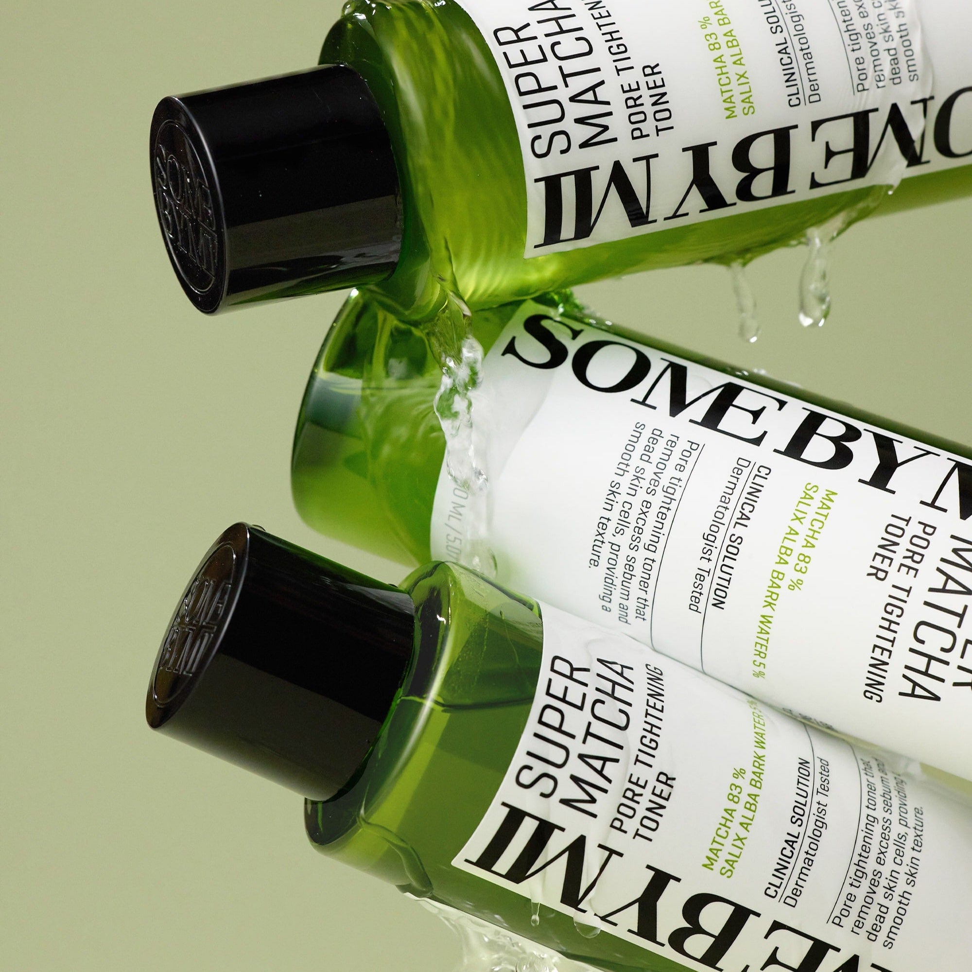 SOME BY MI Super Matcha Pore Tightening Toner 150ml bottles cascading with refreshing matcha extract