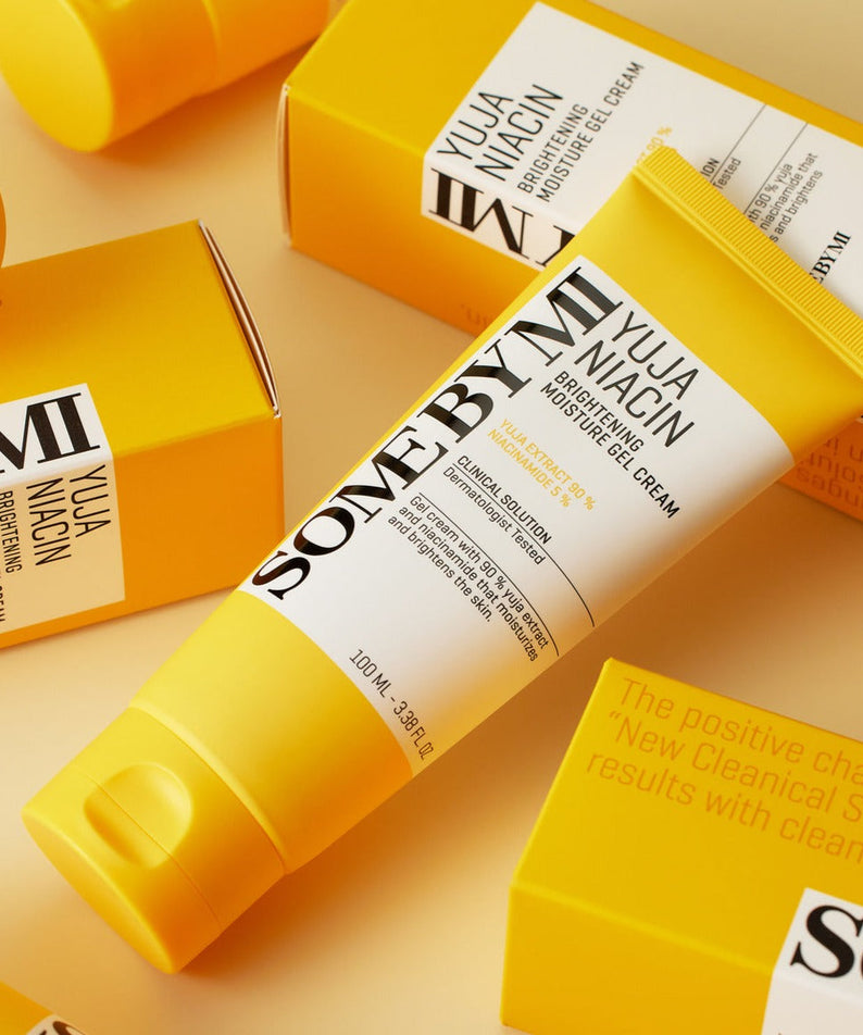 SOME BY MI Yuja Niacin Brightening Moisture Gel Cream 100ml tube and packaging on display, highlighting skincare benefits.