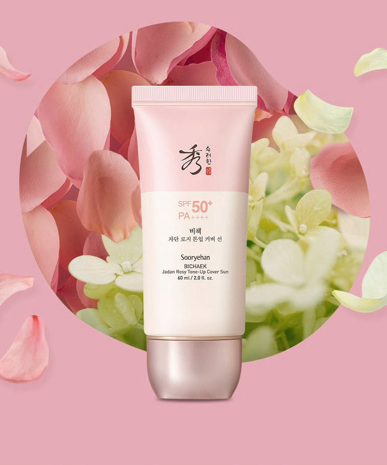 SOORYEHAN Bichaekjadan Rosy Tone-up Cover Sun 60ml with floral background