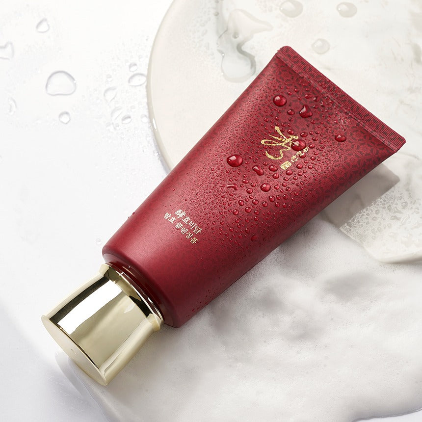 SOORYEHAN Hyobidam Fermented Cleansing Foam 160ml in elegant red packaging with water droplets, showcased with foamy background.