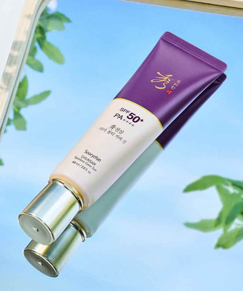 SOORYEHAN Hyobidam Fermented Sun Scream 60ml with SPF 50+ on a reflective surface with green leaves background
