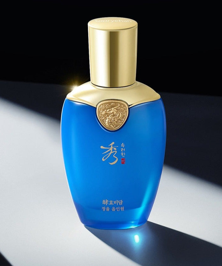 SOORYEHAN Hyobidam Jeongyul All-in-One 100ml luxury skincare bottle on a spotlighted surface.