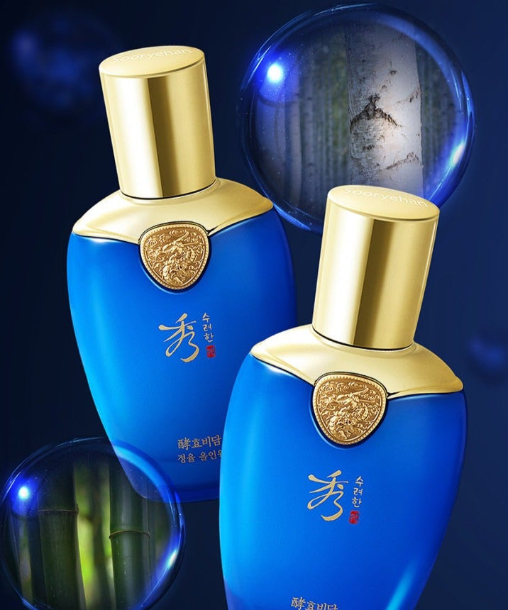 SOORYEHAN Hyobidam Jeongyul All-in-One 100ml bottles with elegant blue design and gold caps, featuring a luxurious skincare formula.