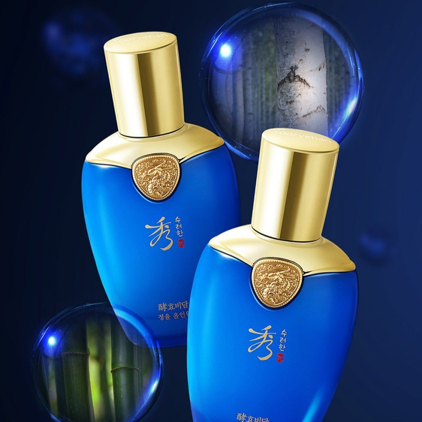 SOORYEHAN Hyobidam Jeongyul All-in-One 100ml bottles with elegant blue design and gold caps, featuring a luxurious skincare formula.