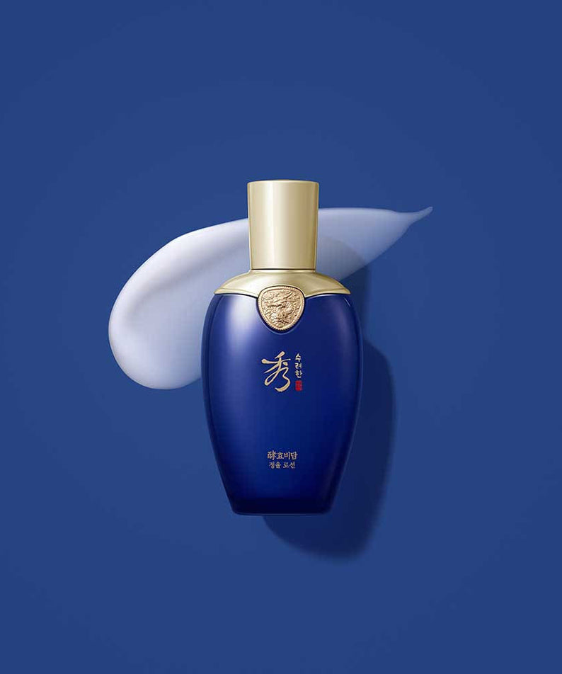 SOORYEHAN Hyobidam Jeongyul Lotion 130ml navy bottle on blue background - Gentleman Korea premium Korean skincare for men