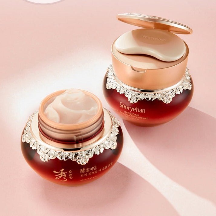 SOORYEHAN Hyobidam Neck Wrinkle Cream 50ml in elegant jar with open lid and cream inside on a pink background.