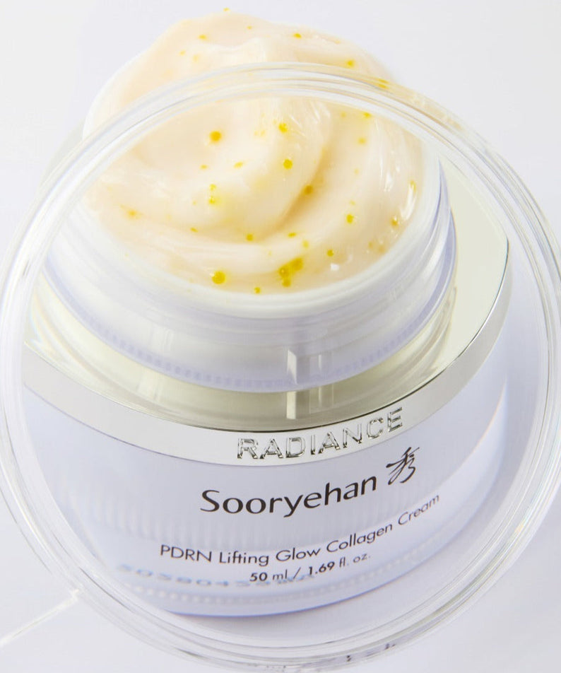 SOORYEHAN Radiance PDRN lasticity Cream 50ml in open jar showing texture and packaging.