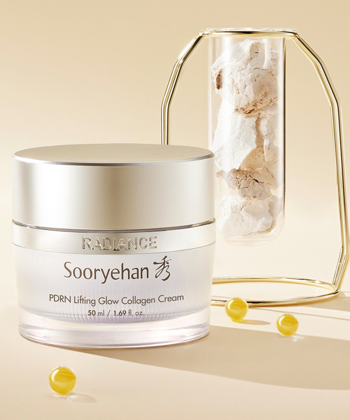 SOORYEHAN Radiance PDRN lasticity Cream 50ml jar displayed elegantly with capsules and a unique container in the background