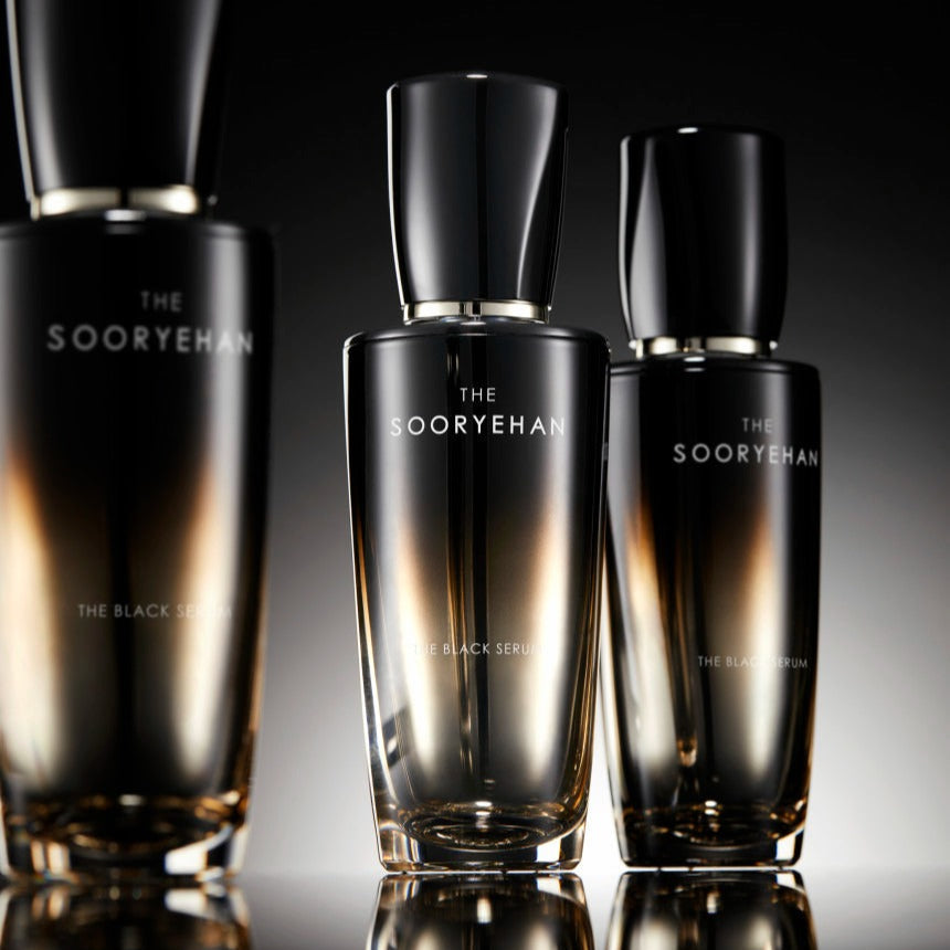 SOORYEHAN The Black Serum 30ml bottles in sleek design with elegant black and gold packaging on display.