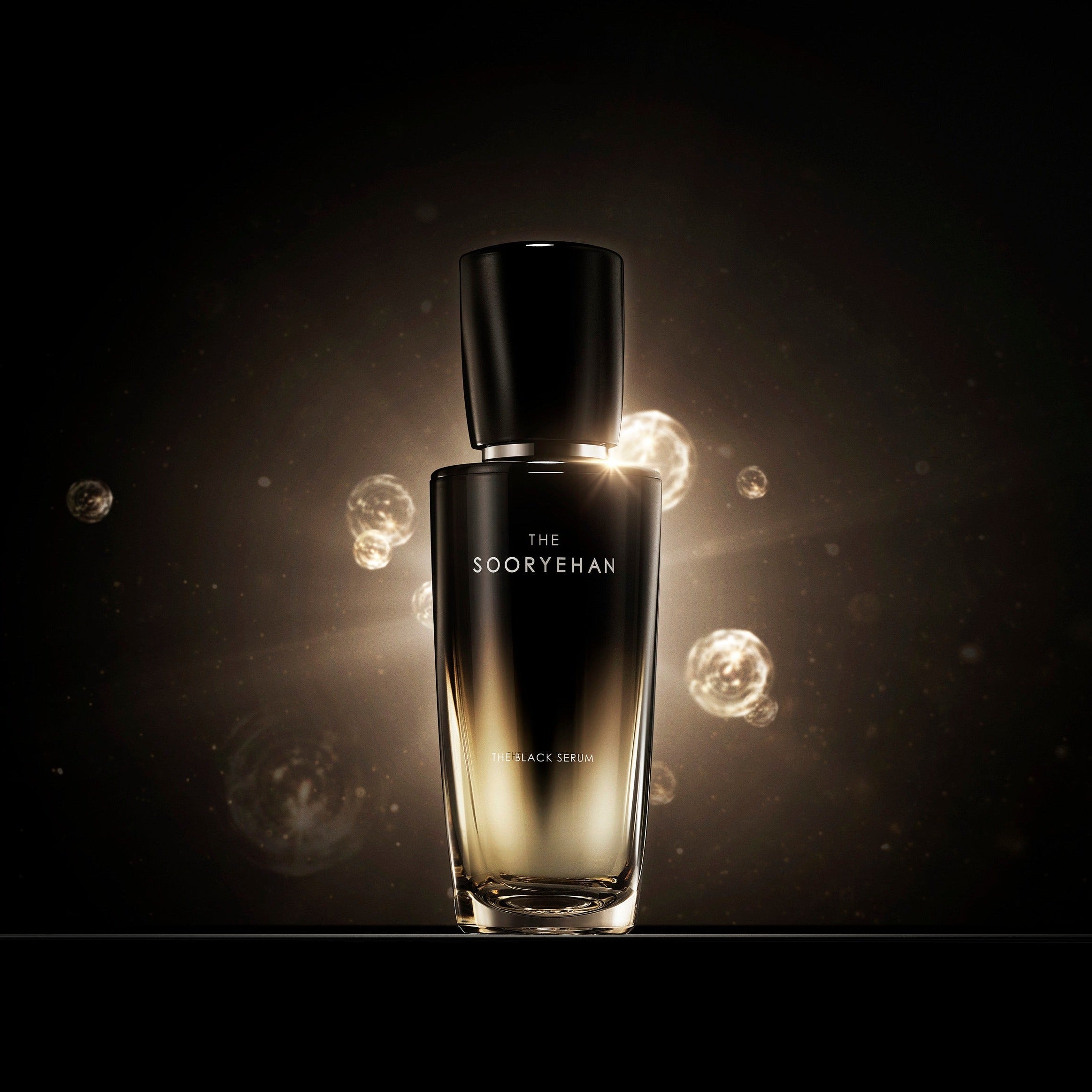 SOORYEHAN The Black Serum 30ml bottle against a glowing backdrop, skincare product on display