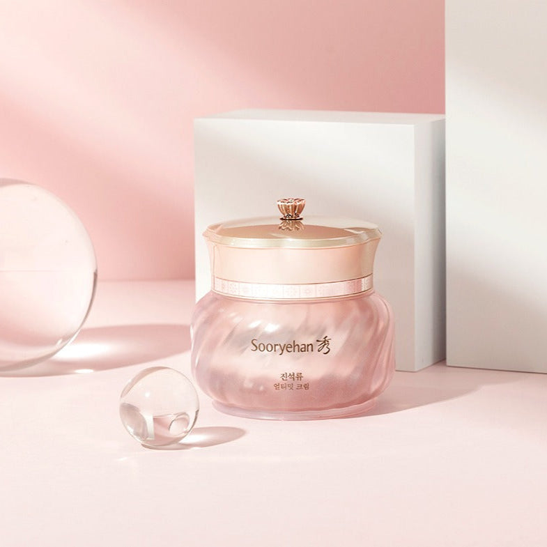 SOORYEHAN Ultimate Cream 50ml shown in elegant pink and gold packaging on a stylish background.