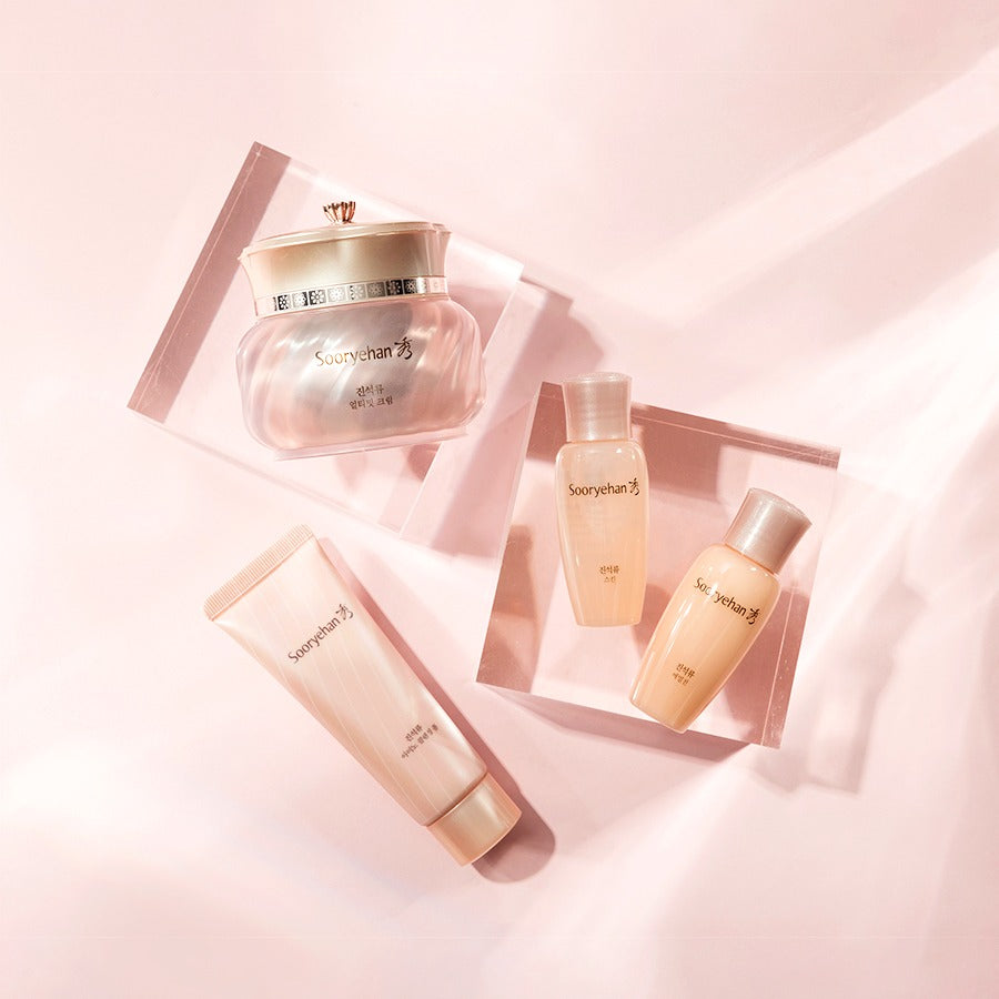 SOORYEHAN Ultimate Cream 50ml and skincare set on a pink background.