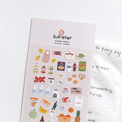 SUATELIER Market Stickers with colorful food and drink designs on a decorative sheet for crafts and decoration.