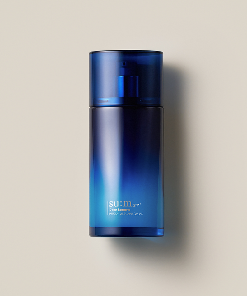 SU:M37 Dear Homme Perfect All-in-One Serum 110ml bottle on neutral background, premium Korean men’s skincare by Gentleman Korea