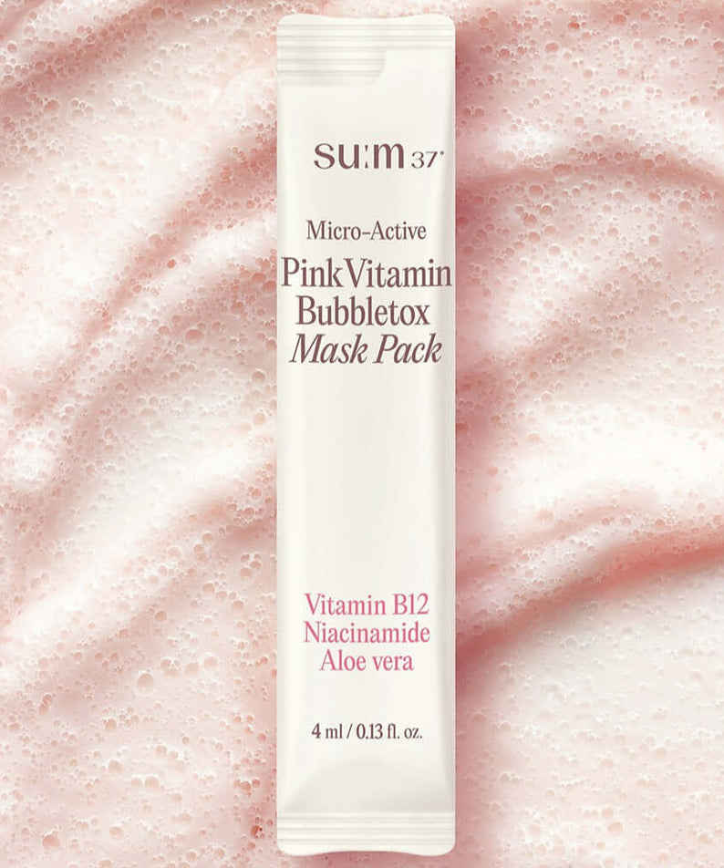 SU:M37 Microactive Pink Vitamin Bubble Tox Mask 4ml (14 sheet) on a textured pink background.