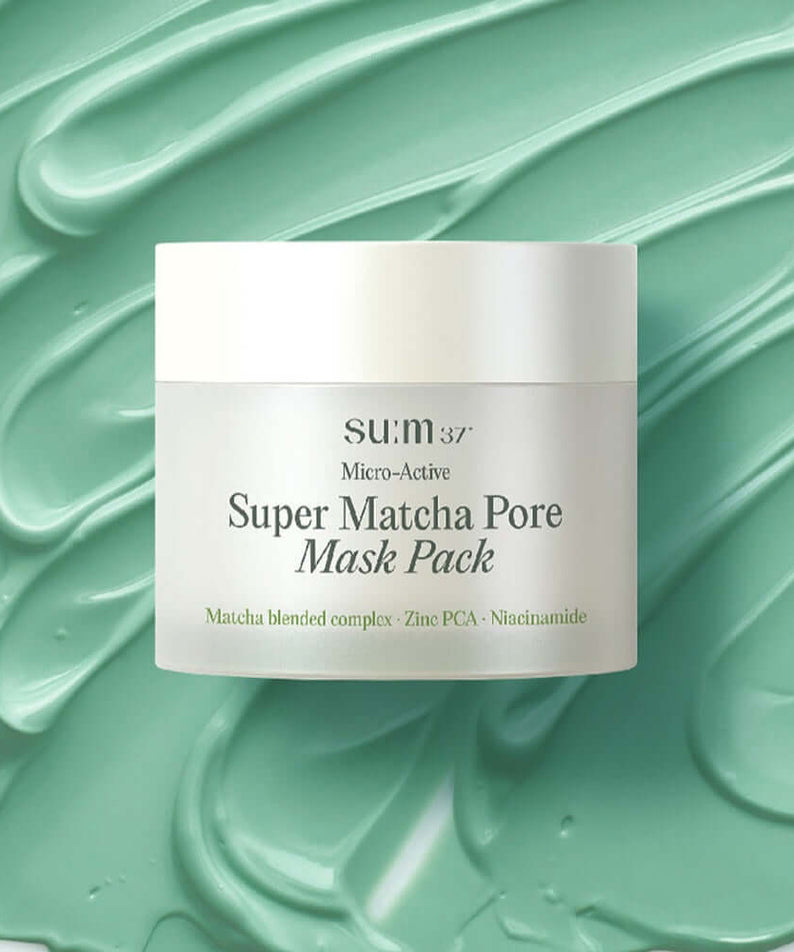 SU:M37 Microactive Super Matcha Pore Mask 100ml on green background