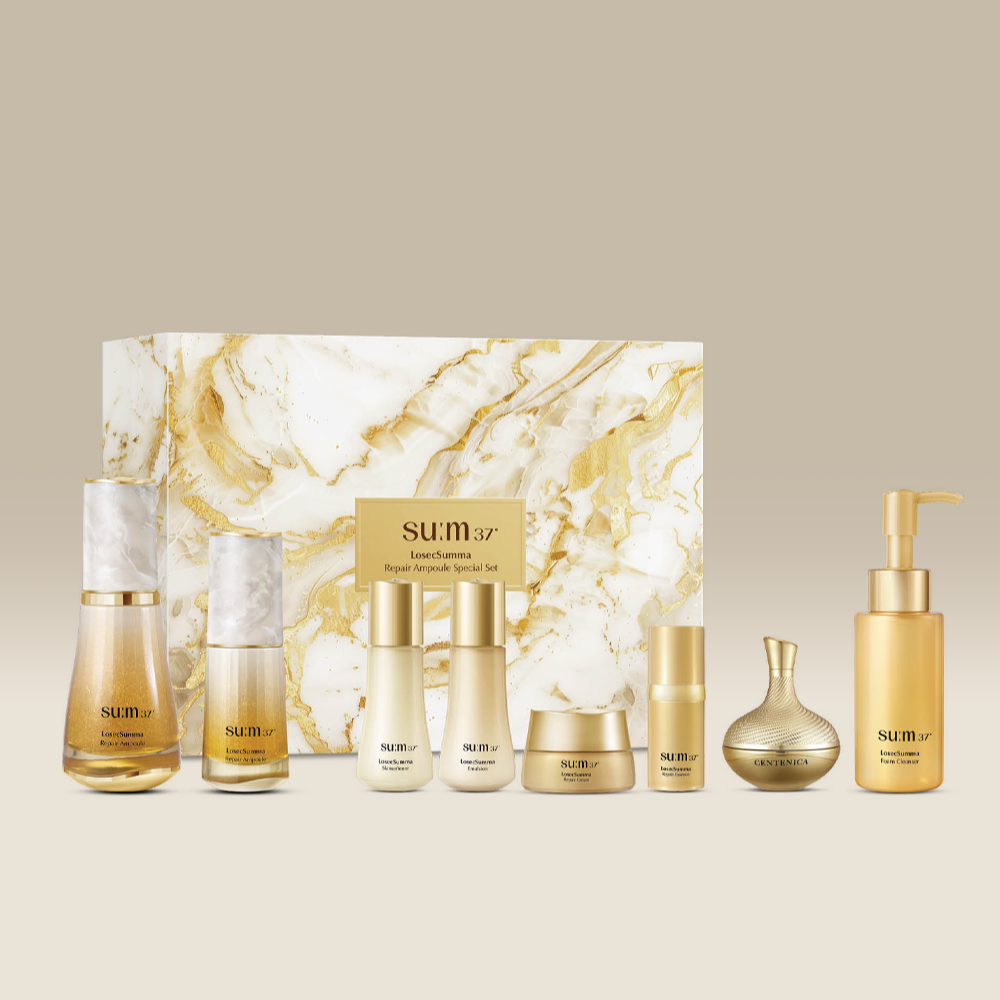 SU:M37 Rosic Summa Repair Ampoule Planning (Set) luxury skincare products with elegant packaging displayed on a neutral background.