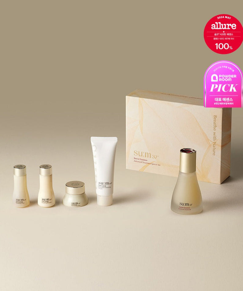 SU:M37 Secret Essence 45ml Set featuring skincare bottles and packaging against a neutral background.