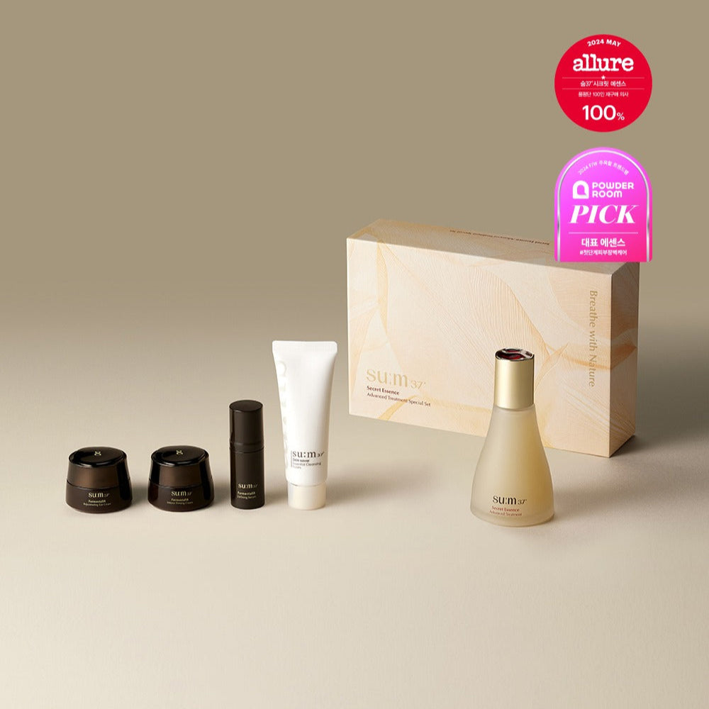 SU:M37 Secret Essence 80ml Set featuring skincare products with elegant packaging and award badges.