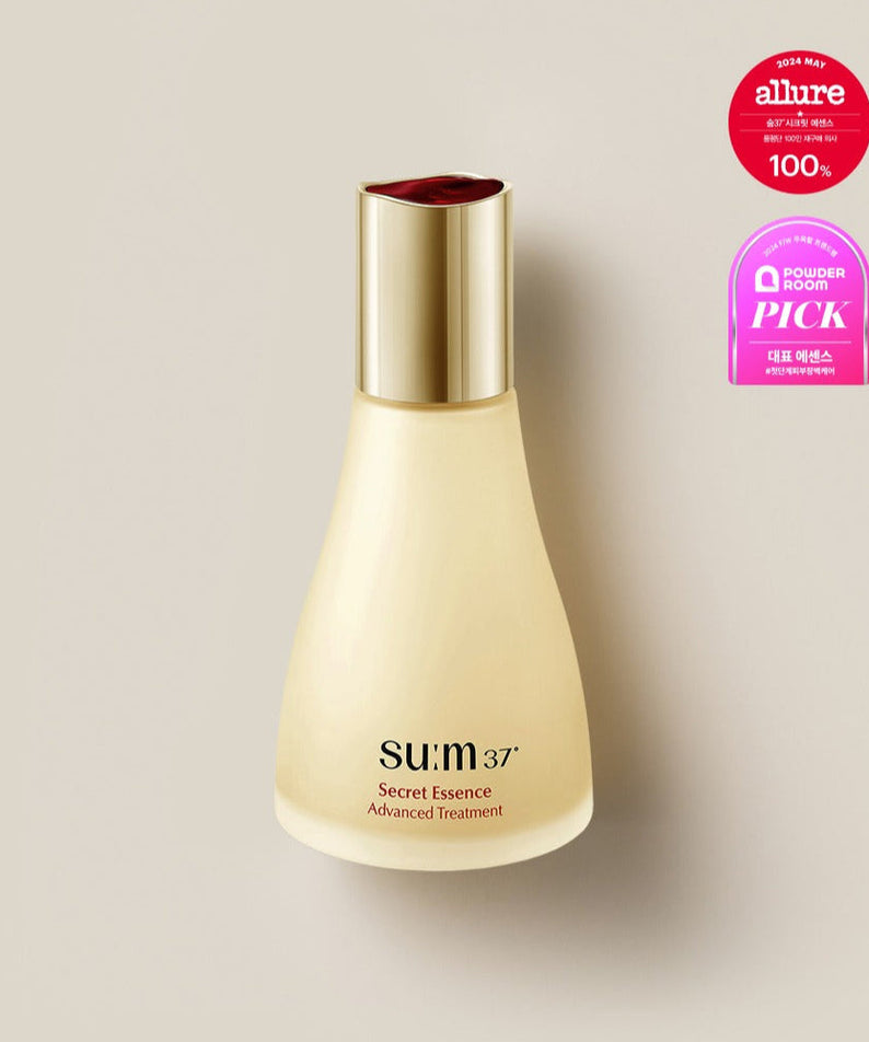 SU:M37 Secret Essence 80ml bottle with award stickers, featuring the renowned skincare product's elegant design.