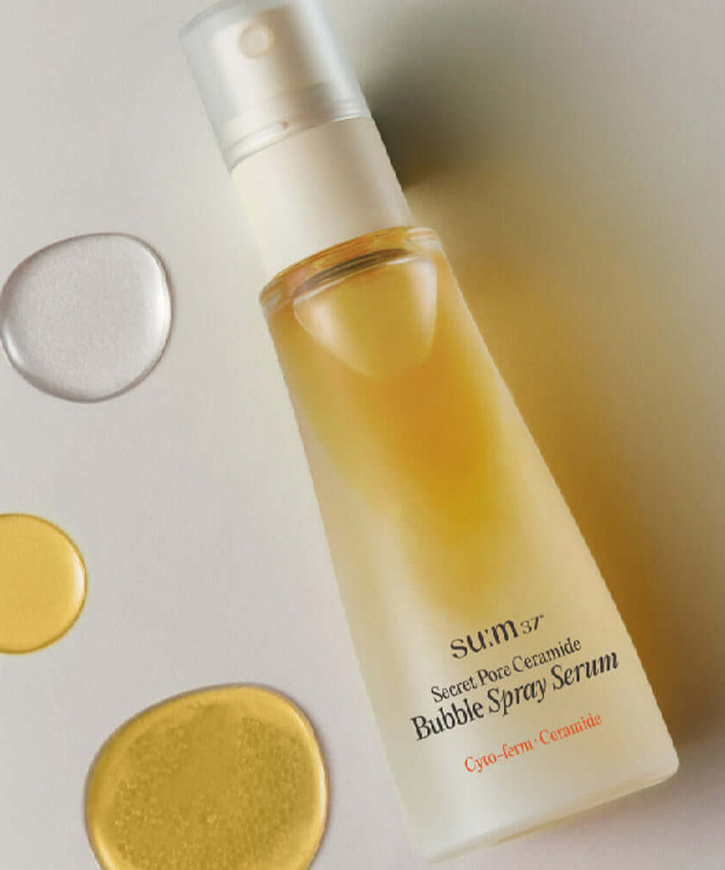 SU:M37 Secret Pore Ceramide Bubble Oil Essence Mist 60ml with product image and colorful droplets displayed.