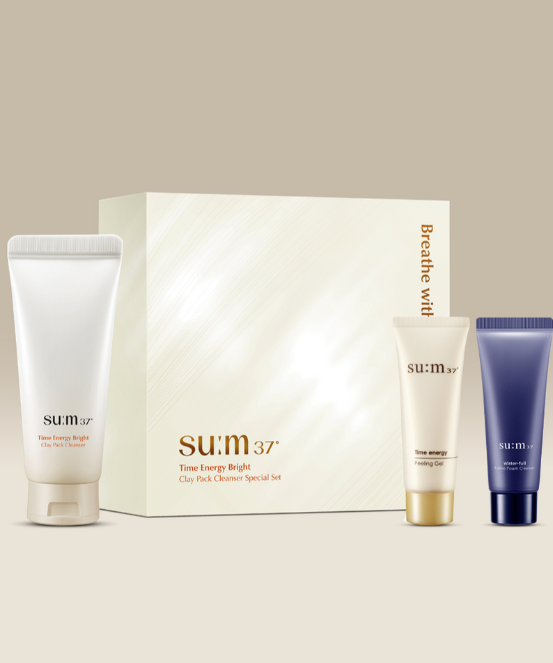 Image of SU:M37 Time Energy Bright Clay Pack Cleanser Planning (Set) with various skincare products displayed.