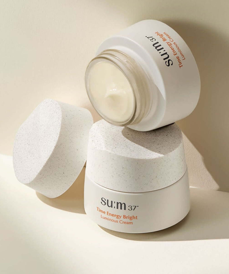 SU:M37 Time Energy Bright Luminous Cream 50ml open jar showing texture on cream lid.