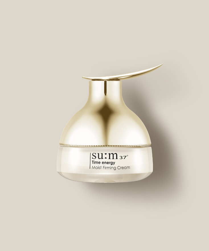 SU:M37 Time Energy Moist Firming Cream 80ml in elegant gold packaging on a neutral background.