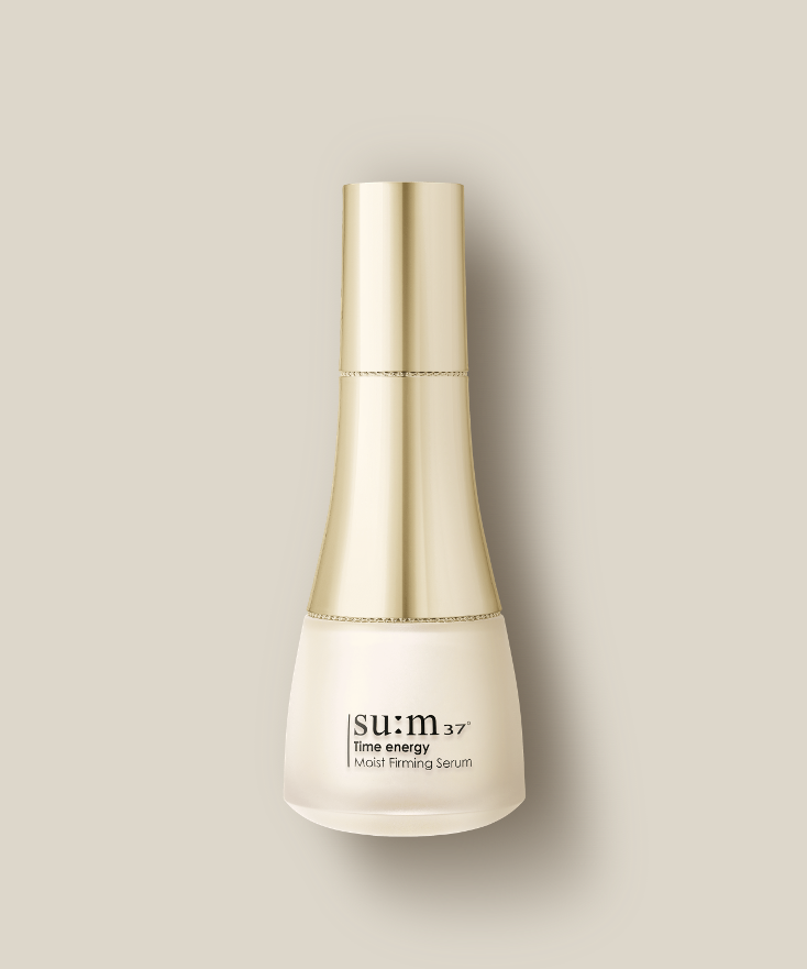 SU:M37 Time Energy Moist Firming Serum 50ml in elegant gold bottle on neutral background