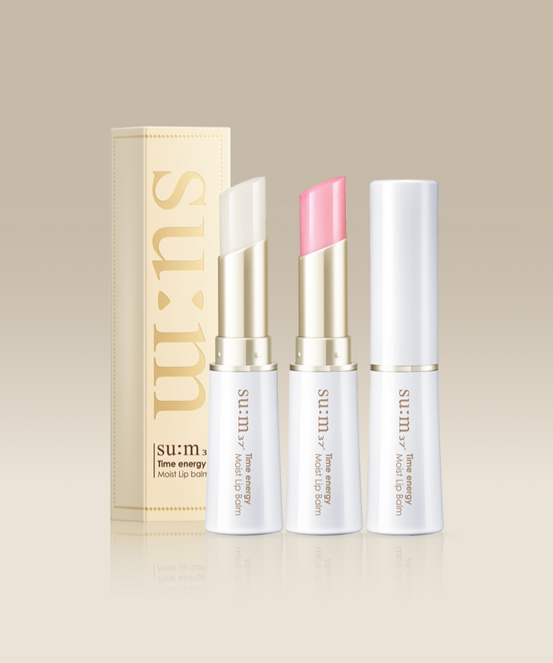SU:M37 Time Energy Moist Lip Balm product with packaging and open lip balm sticks