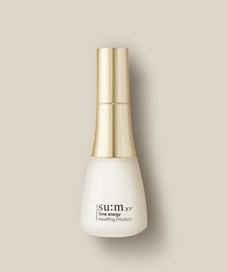 SU:M37 Time Energy Resetting Emulsion 120ml bottle against beige background