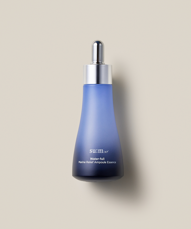 SU:M37 Water-full Marine Relief Ampoule Essence 50ml in blue bottle on neutral background