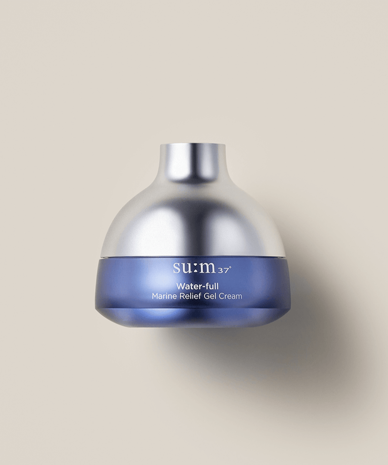 SU:M37 Water-full Marine Relief Gel Cream 50ml in silver and blue bottle on neutral background.