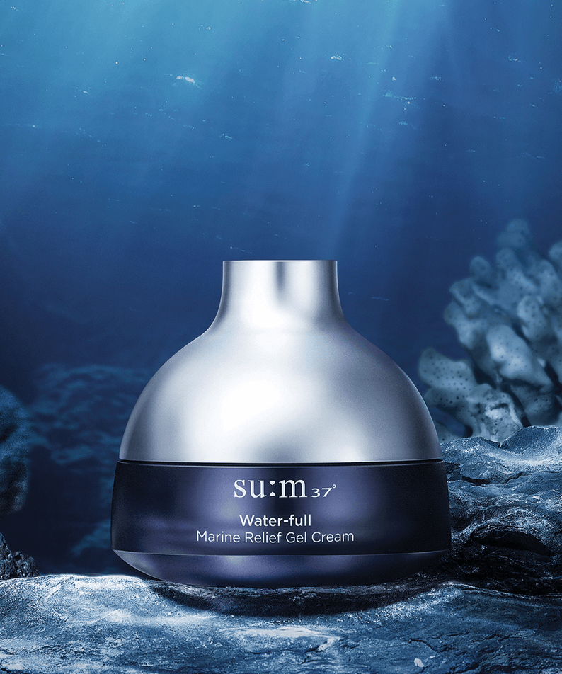 SU:M37 Water-full Marine Relief Gel Cream 50ml displayed underwater with marine background for skincare hydration