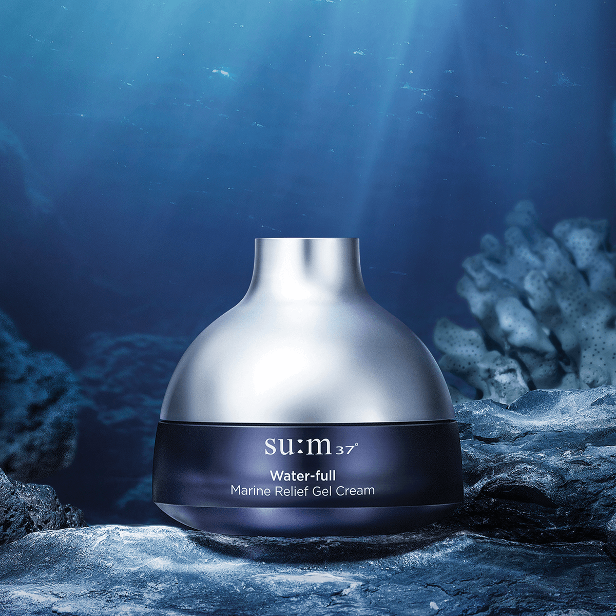 SU:M37 Water-full Marine Relief Gel Cream 50ml displayed underwater with marine background for skincare hydration