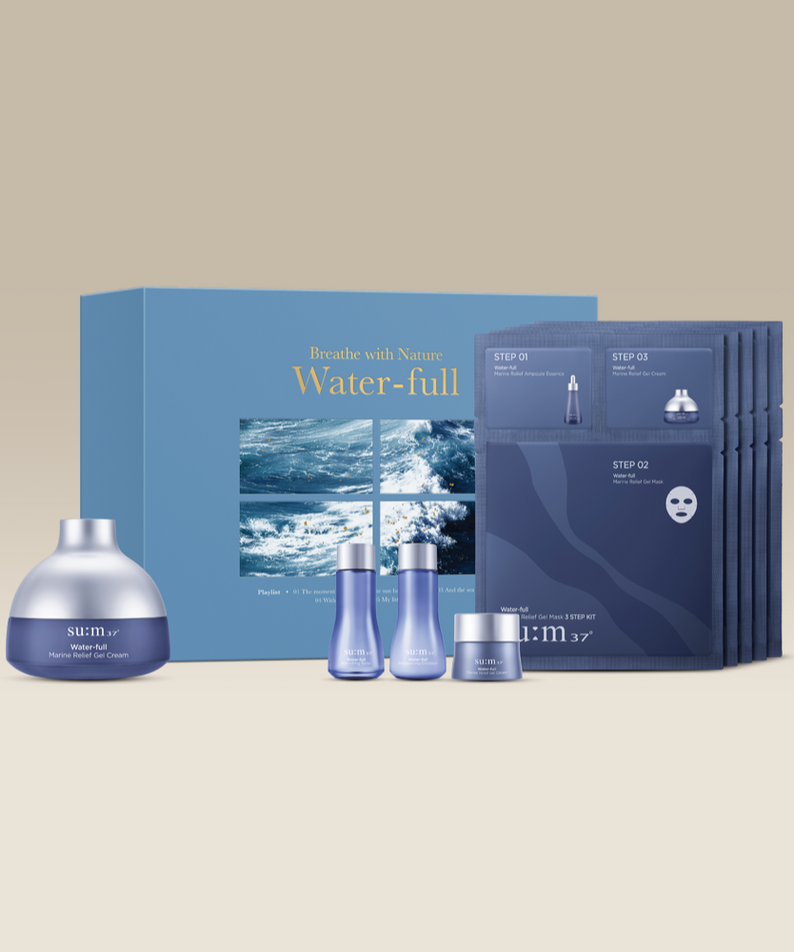 SU:M37 Water-full gel cream large capacity plan (Set) featuring hydrating skincare products against a neutral background.