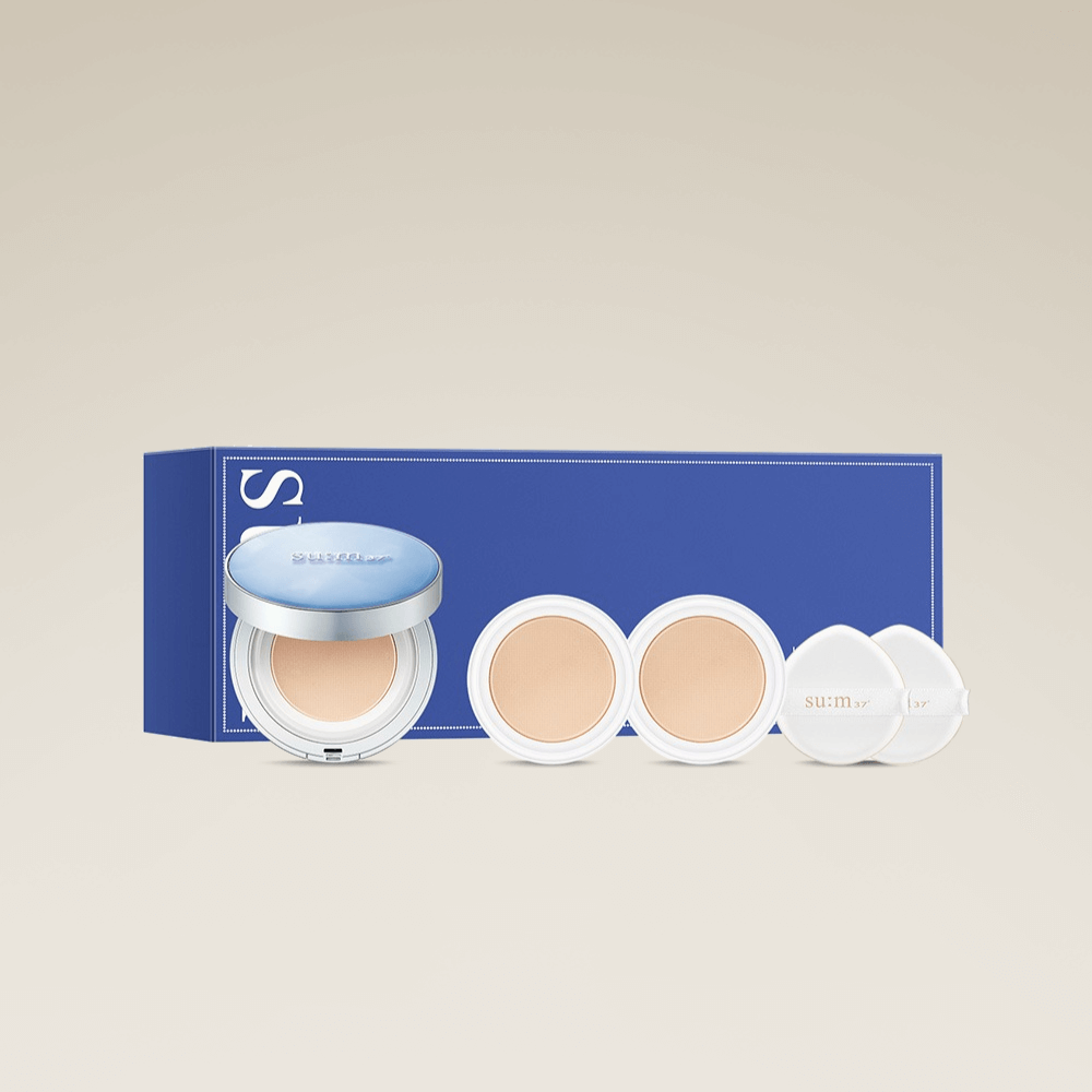 SU:M37 Water-full mesh cushion glow set 01 with blue packaging and open compact showcasing cushion foundation.