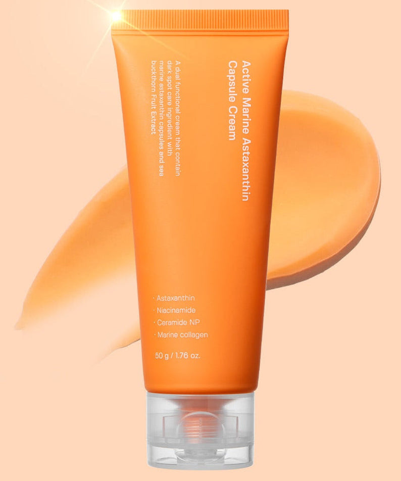 SUNGBOON EDITOR Active Marine Astaxanthin Capsule Cream 50g in orange tube with cream smear background.