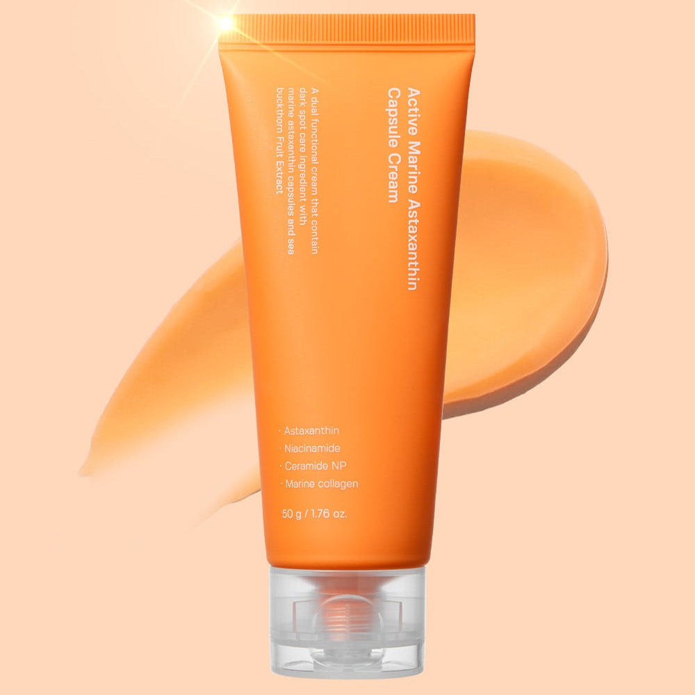 SUNGBOON EDITOR Active Marine Astaxanthin Capsule Cream 50g in orange tube with cream smear background.