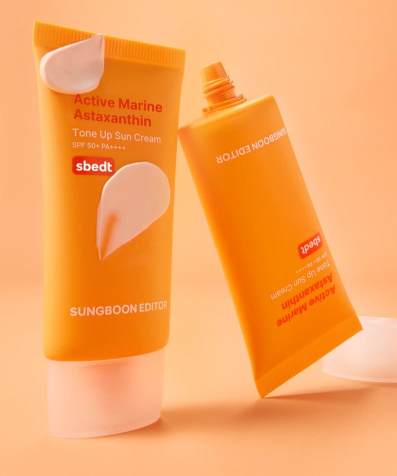 SUNGBOON EDITOR Active Marine Astaxanthin Tone-up Sunscreen 50g, SPF 50+ PA+++, tone-up sun cream, skincare product in orange packaging.