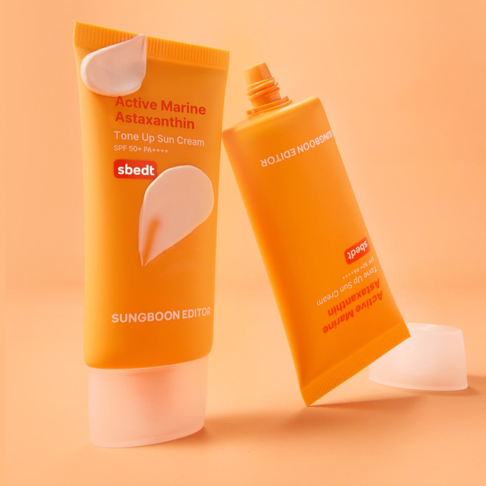 SUNGBOON EDITOR Active Marine Astaxanthin Tone-up Sunscreen 50g, SPF 50+ PA+++, tone-up sun cream, skincare product in orange packaging.