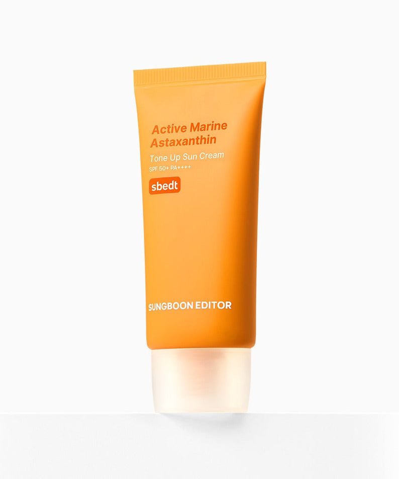 SUNGBOON EDITOR Active Marine Astaxanthin Tone-up Sunscreen 50g in orange packaging, SPF protection and moisturizing benefits
